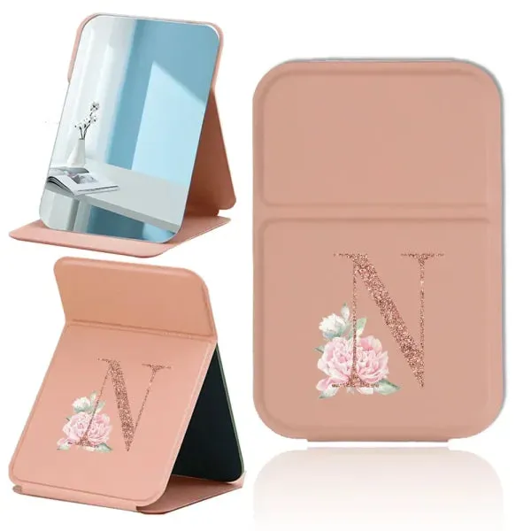 Portable PU Leather Travel Makeup Mirror – Foldable Handheld Desktop Pocket Mirror with Rose Gold Letter Design