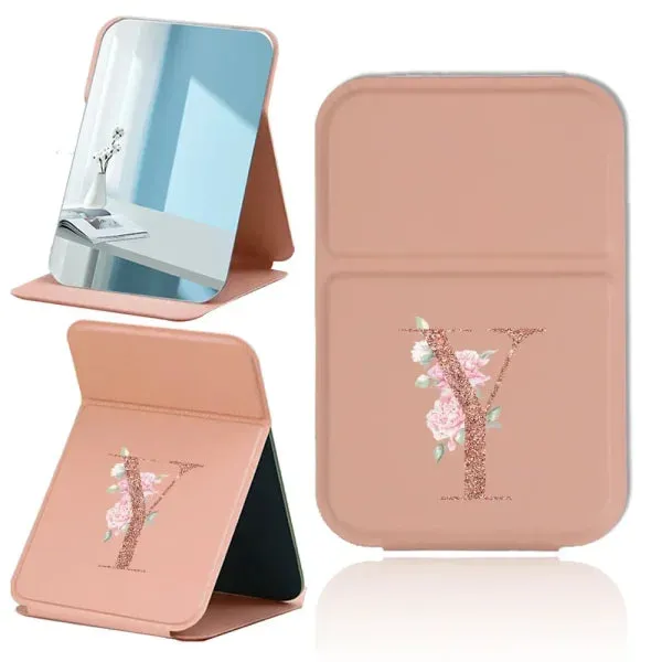 Portable PU Leather Travel Makeup Mirror – Foldable Handheld Desktop Pocket Mirror with Rose Gold Letter Design