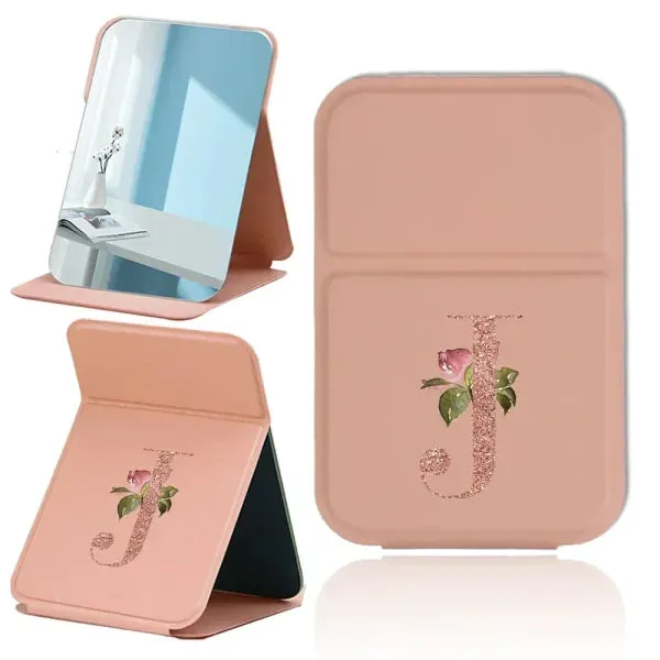 Portable PU Leather Travel Makeup Mirror – Foldable Handheld Desktop Pocket Mirror with Rose Gold Letter Design