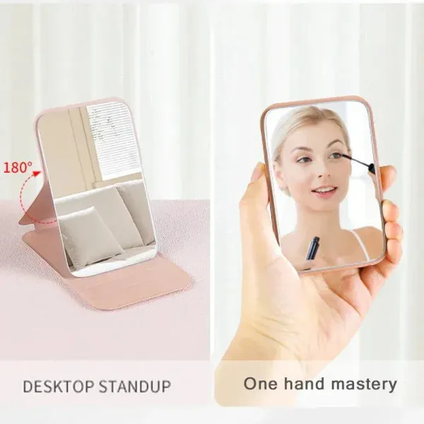 Portable PU Leather Travel Makeup Mirror – Foldable Handheld Desktop Pocket Mirror with Rose Gold Letter Design