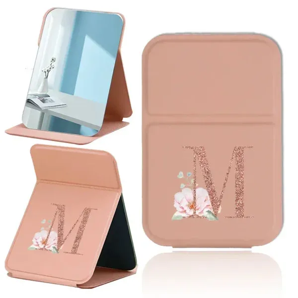Portable PU Leather Travel Makeup Mirror – Foldable Handheld Desktop Pocket Mirror with Rose Gold Letter Design