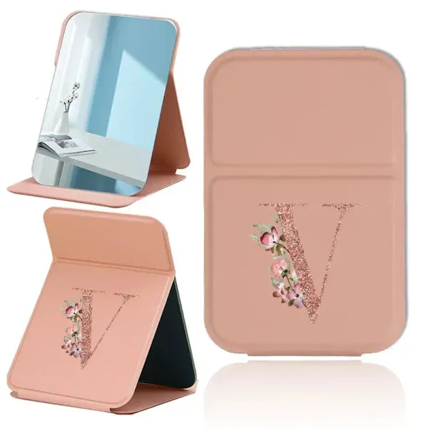 Portable PU Leather Travel Makeup Mirror – Foldable Handheld Desktop Pocket Mirror with Rose Gold Letter Design