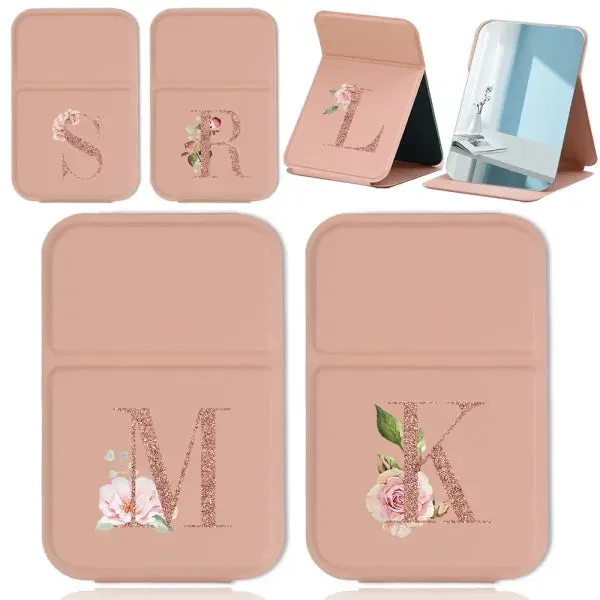 Portable PU Leather Travel Makeup Mirror – Foldable Handheld Desktop Pocket Mirror with Rose Gold Letter Design