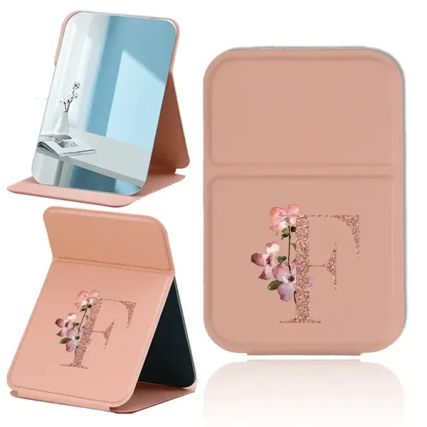 Portable PU Leather Travel Makeup Mirror – Foldable Handheld Desktop Pocket Mirror with Rose Gold Letter Design