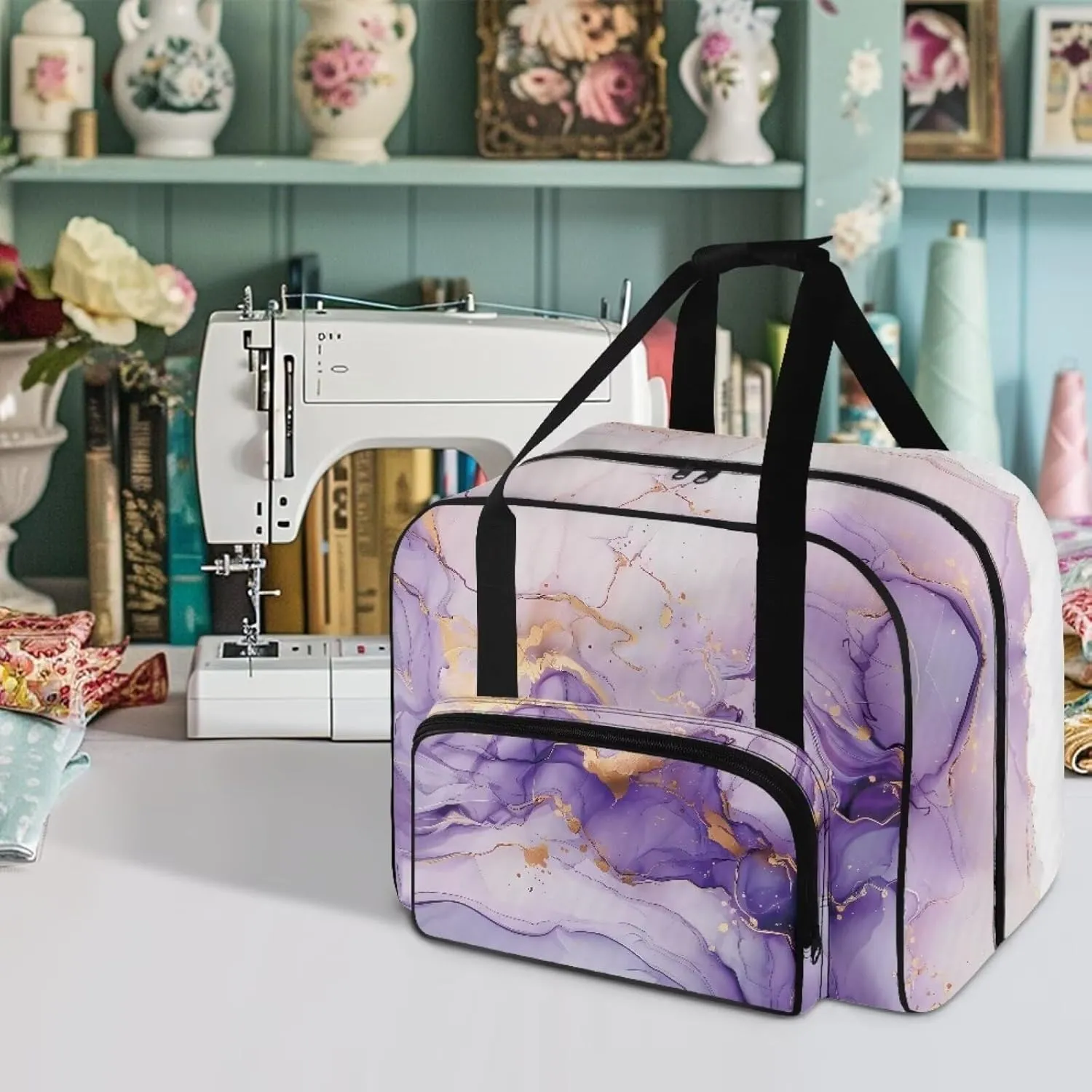 Portable Sewing Machine Carrying Case Tote Bag Purple Marble Sewing Machine Case with Pockets for Most Standard Singer, Brother, Janome