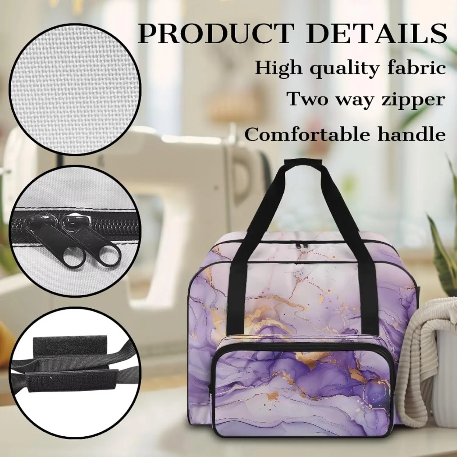 Portable Sewing Machine Carrying Case Tote Bag Purple Marble Sewing Machine Case with Pockets for Most Standard Singer, Brother, Janome