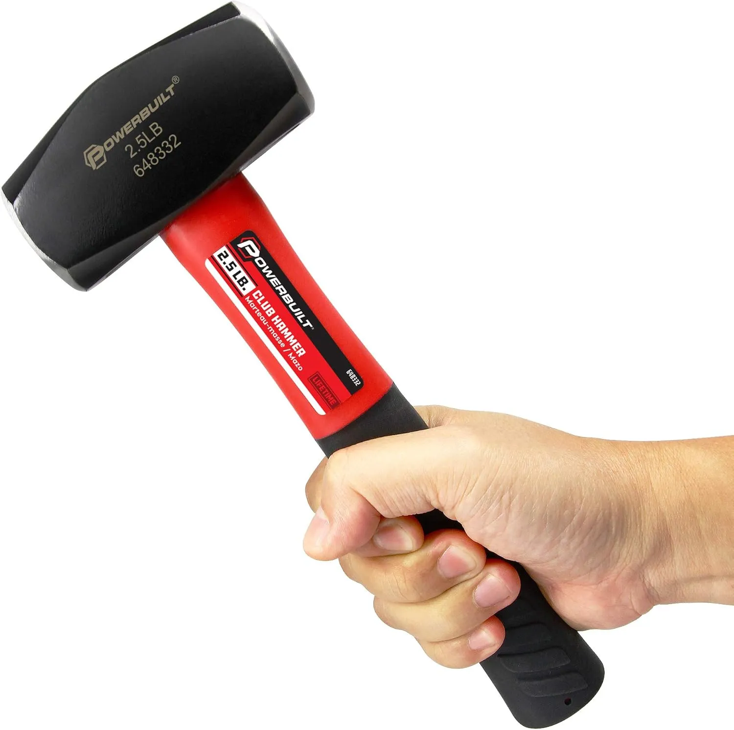 Powerbuilt 2-1/2 Pound Club Hammer with Fiberglass Handle, Non-Slip Rubber Handle, Heavy Duty Construction DIY Hand Tool, Black 648332