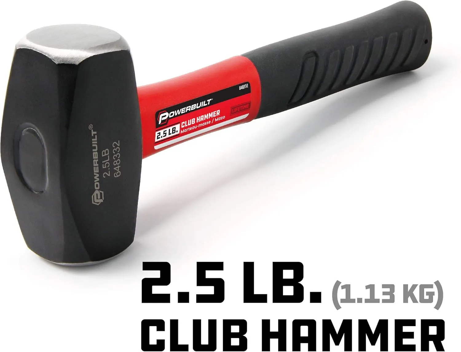 Powerbuilt 2-1/2 Pound Club Hammer with Fiberglass Handle, Non-Slip Rubber Handle, Heavy Duty Construction DIY Hand Tool, Black 648332