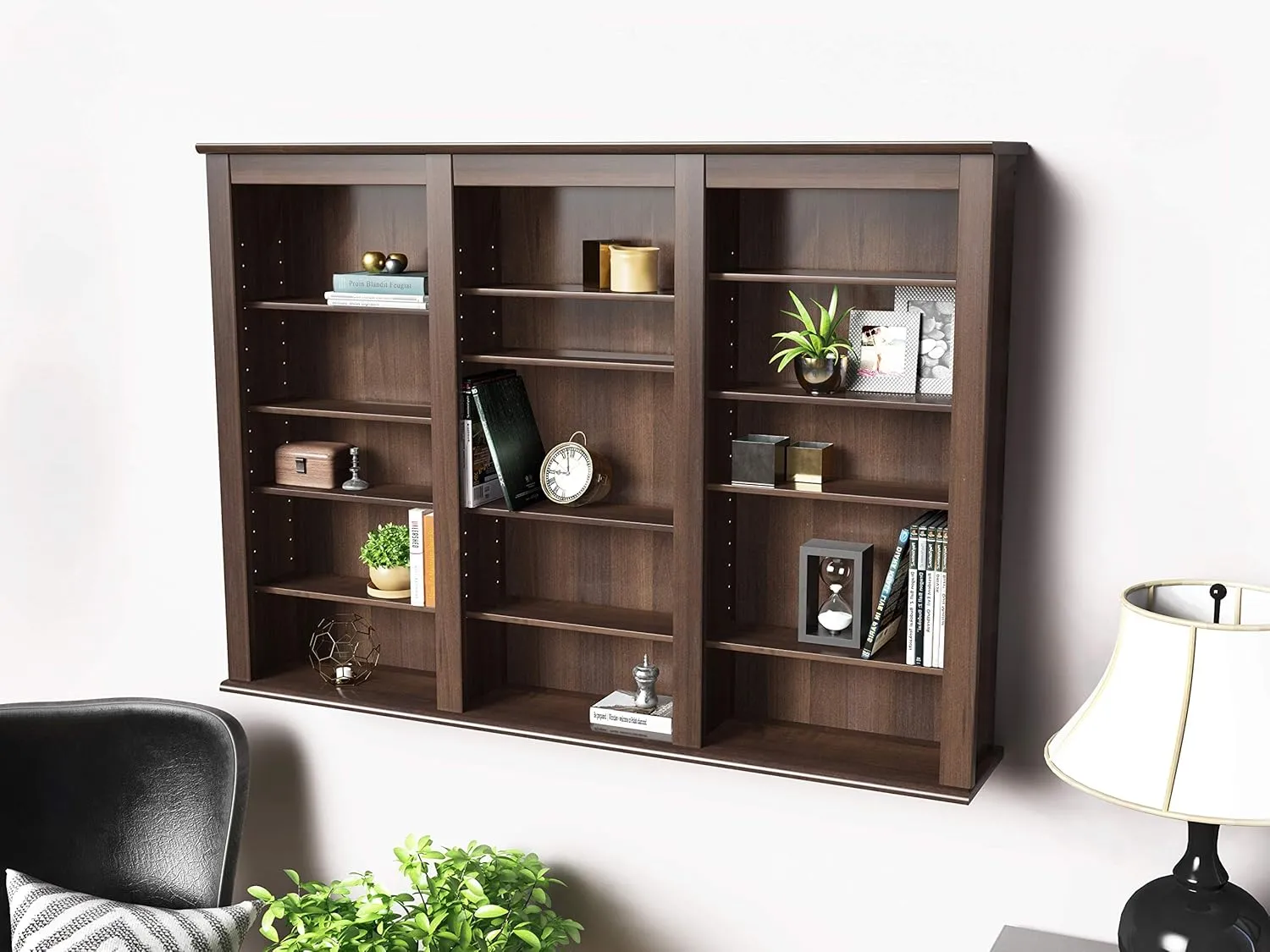 Prepac 47" Wide Triple Wall Mounted Cabinet, Wood Floating Storage Cabinet with 12 Adjustable Shelves, Multimedia Storage for Decorations and Medias, Floating Shelf with Hanging Rail System, Espresso