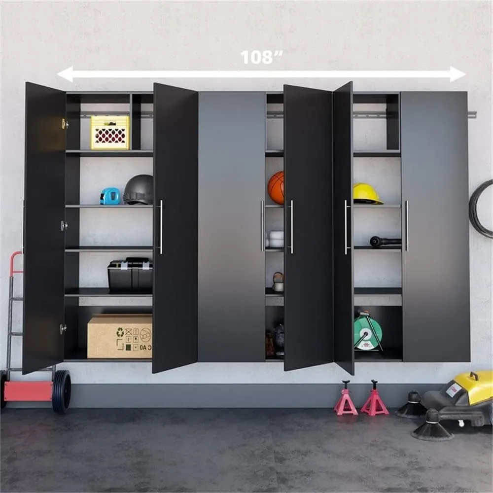 Prepac HangUps 108” Wide Garage Storage Cabinet, Set Consists of 3 Wall Mounted Cabinets Ideal for Garage, Kitchen, Laundry and Office Organization, Set E, 3-Piece, 108”W total & 72”H x 20”D, Black