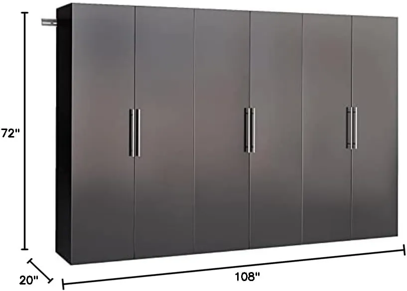 Prepac HangUps 108” Wide Garage Storage Cabinet, Set Consists of 3 Wall Mounted Cabinets Ideal for Garage, Kitchen, Laundry and Office Organization, Set E, 3-Piece, 108”W total & 72”H x 20”D, Black