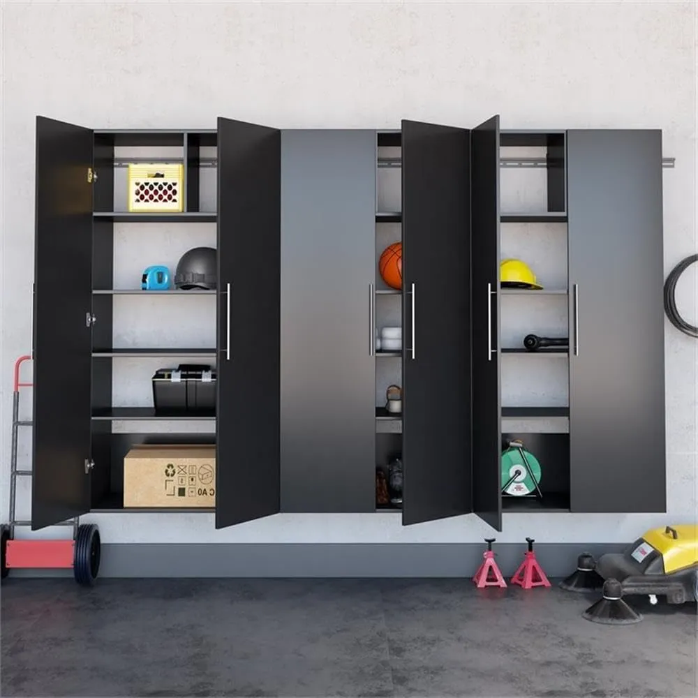 Prepac HangUps 108” Wide Garage Storage Cabinet, Set Consists of 3 Wall Mounted Cabinets Ideal for Garage, Kitchen, Laundry and Office Organization, Set E, 3-Piece, 108”W total & 72”H x 20”D, Black