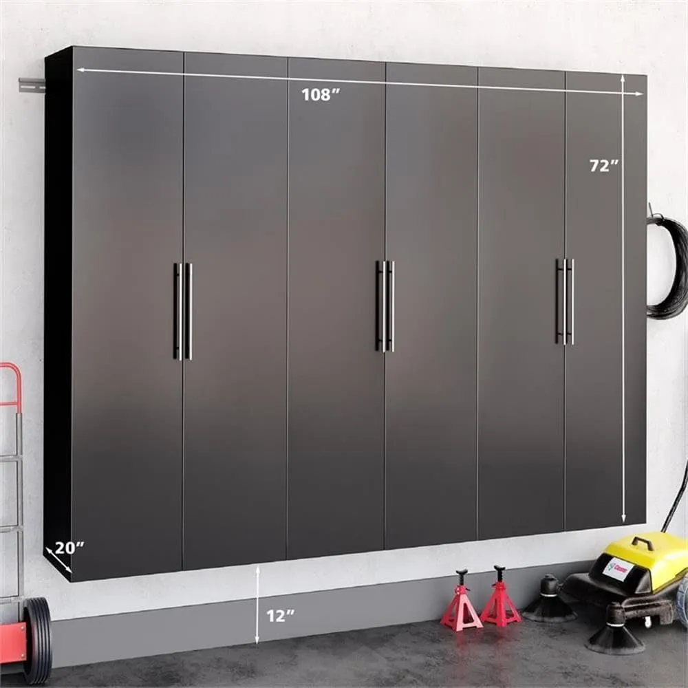 Prepac HangUps 108” Wide Garage Storage Cabinet, Set Consists of 3 Wall Mounted Cabinets Ideal for Garage, Kitchen, Laundry and Office Organization, Set E, 3-Piece, 108”W total & 72”H x 20”D, Black