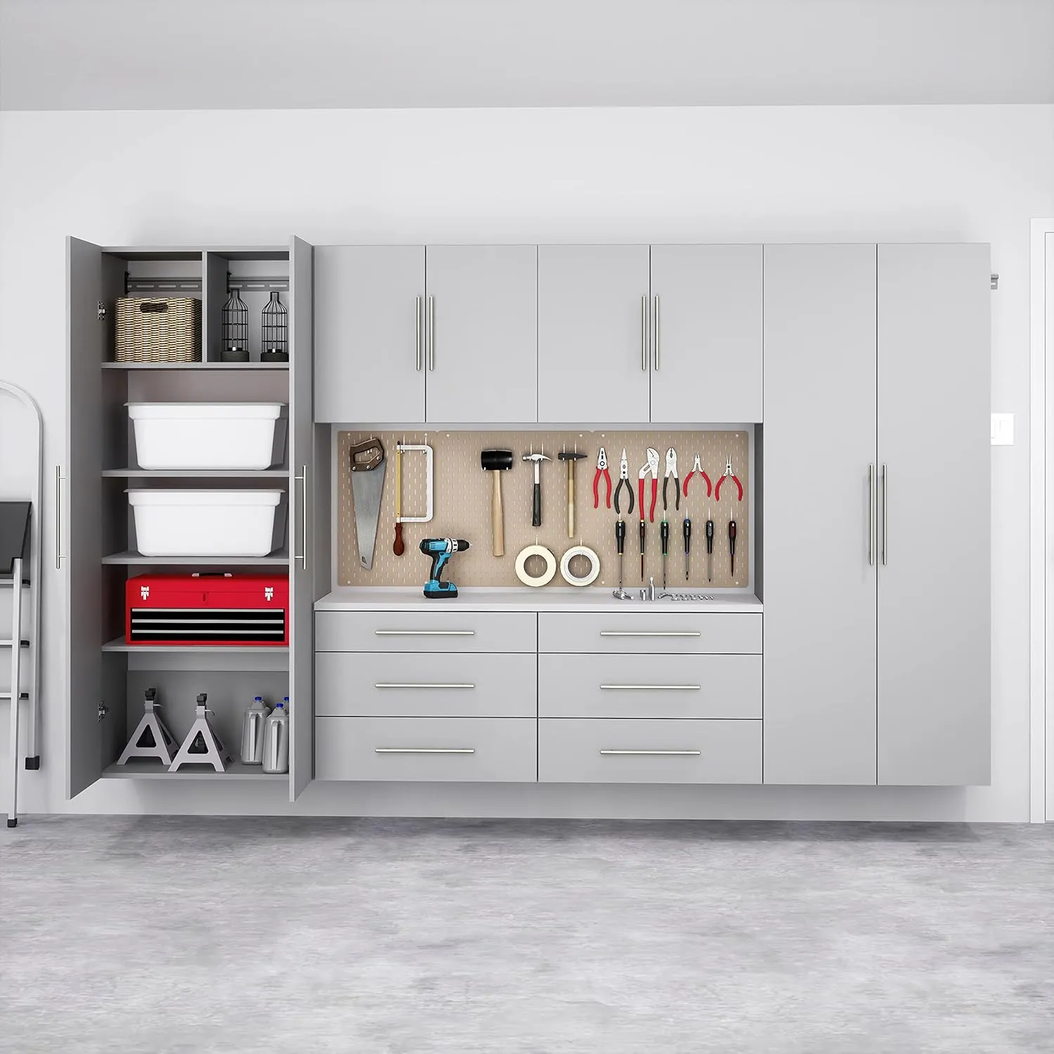 Prepac HangUps 120" Wide 6-piece Wall Mounted Garage Cabinets, Wood Wall Storage Cabinets with 8 Adjustable Shelves, 2 Fixed Shelves, 6 Drawers, Garage Organizers with Metal Hanging Rail, Light Gray