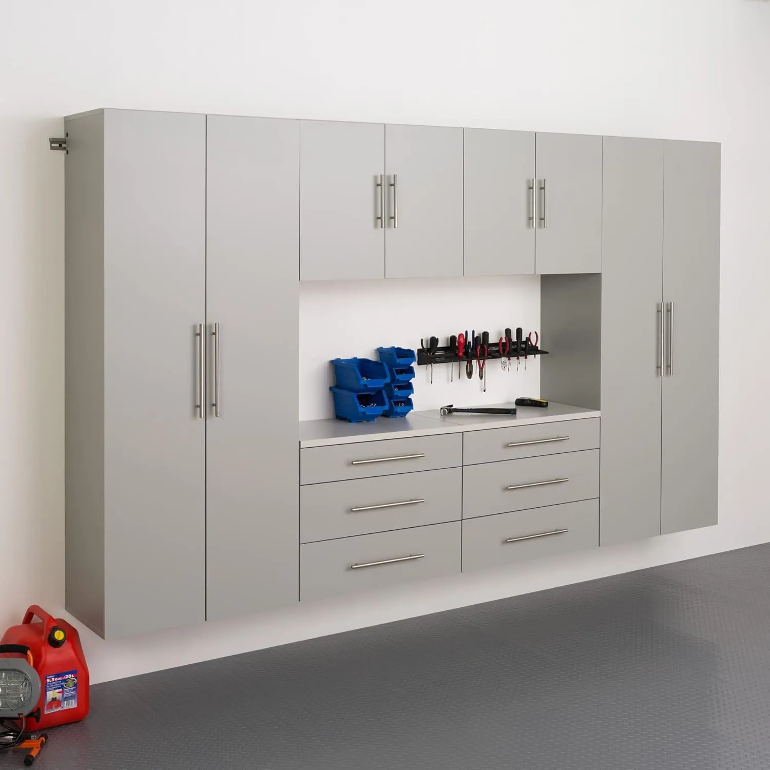 Prepac HangUps 120" Wide 6-piece Wall Mounted Garage Cabinets, Wood Wall Storage Cabinets with 8 Adjustable Shelves, 2 Fixed Shelves, 6 Drawers, Garage Organizers with Metal Hanging Rail, Light Gray