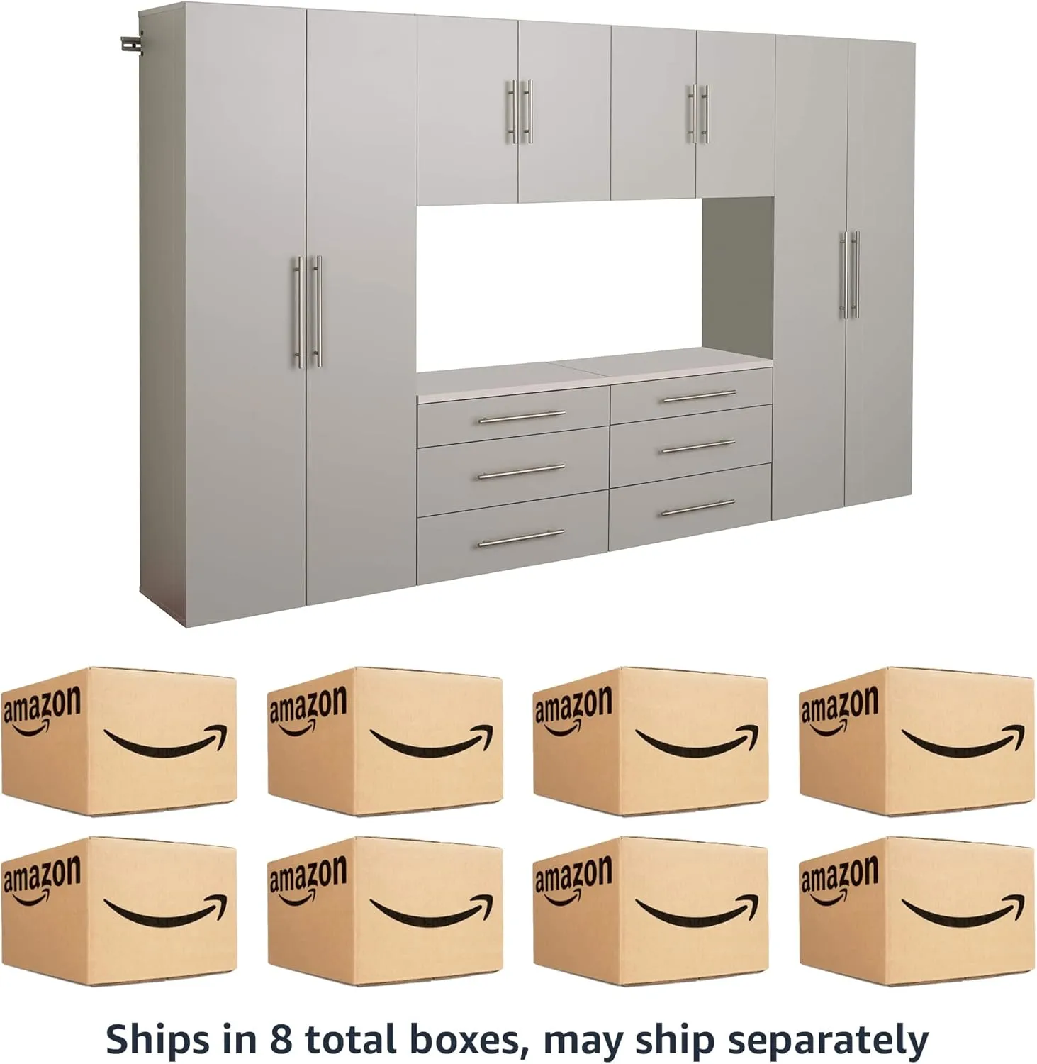 Prepac HangUps 120" Wide 6-piece Wall Mounted Garage Cabinets, Wood Wall Storage Cabinets with 8 Adjustable Shelves, 2 Fixed Shelves, 6 Drawers, Garage Organizers with Metal Hanging Rail, Light Gray