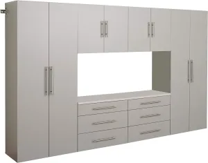 Prepac HangUps 120" Wide 6-piece Wall Mounted Garage Cabinets, Wood Wall Storage Cabinets with 8 Adjustable Shelves, 2 Fixed Shelves, 6 Drawers, Garage Organizers with Metal Hanging Rail, Light Gray