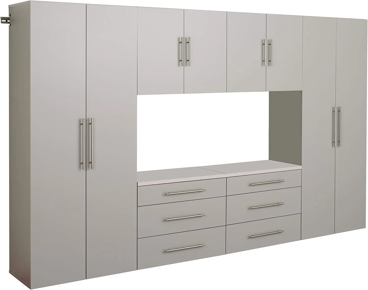 Prepac HangUps 120" Wide 6-piece Wall Mounted Garage Cabinets, Wood Wall Storage Cabinets with 8 Adjustable Shelves, 2 Fixed Shelves, 6 Drawers, Garage Organizers with Metal Hanging Rail, Light Gray