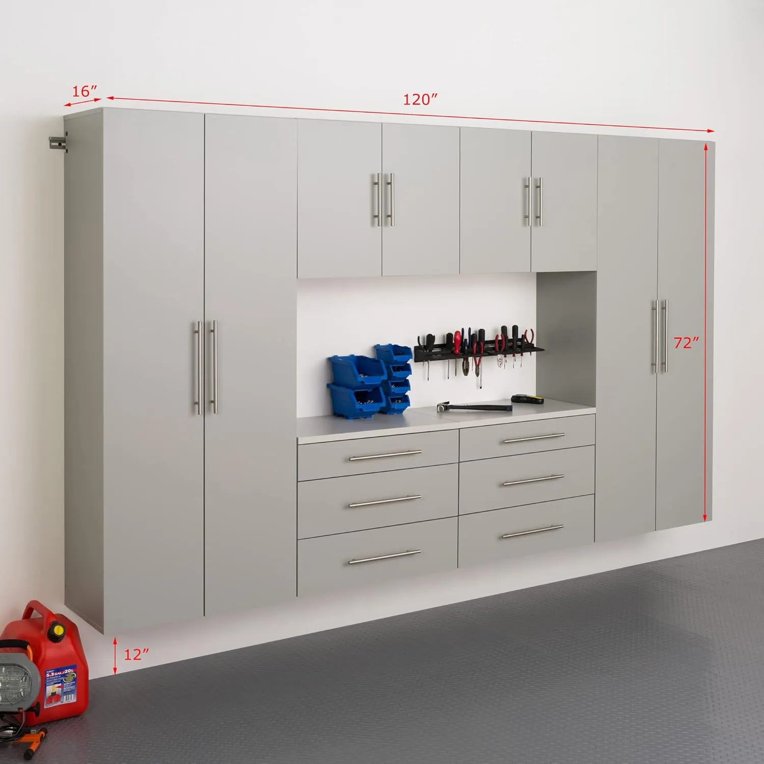 Prepac HangUps 120" Wide 6-piece Wall Mounted Garage Cabinets, Wood Wall Storage Cabinets with 8 Adjustable Shelves, 2 Fixed Shelves, 6 Drawers, Garage Organizers with Metal Hanging Rail, Light Gray