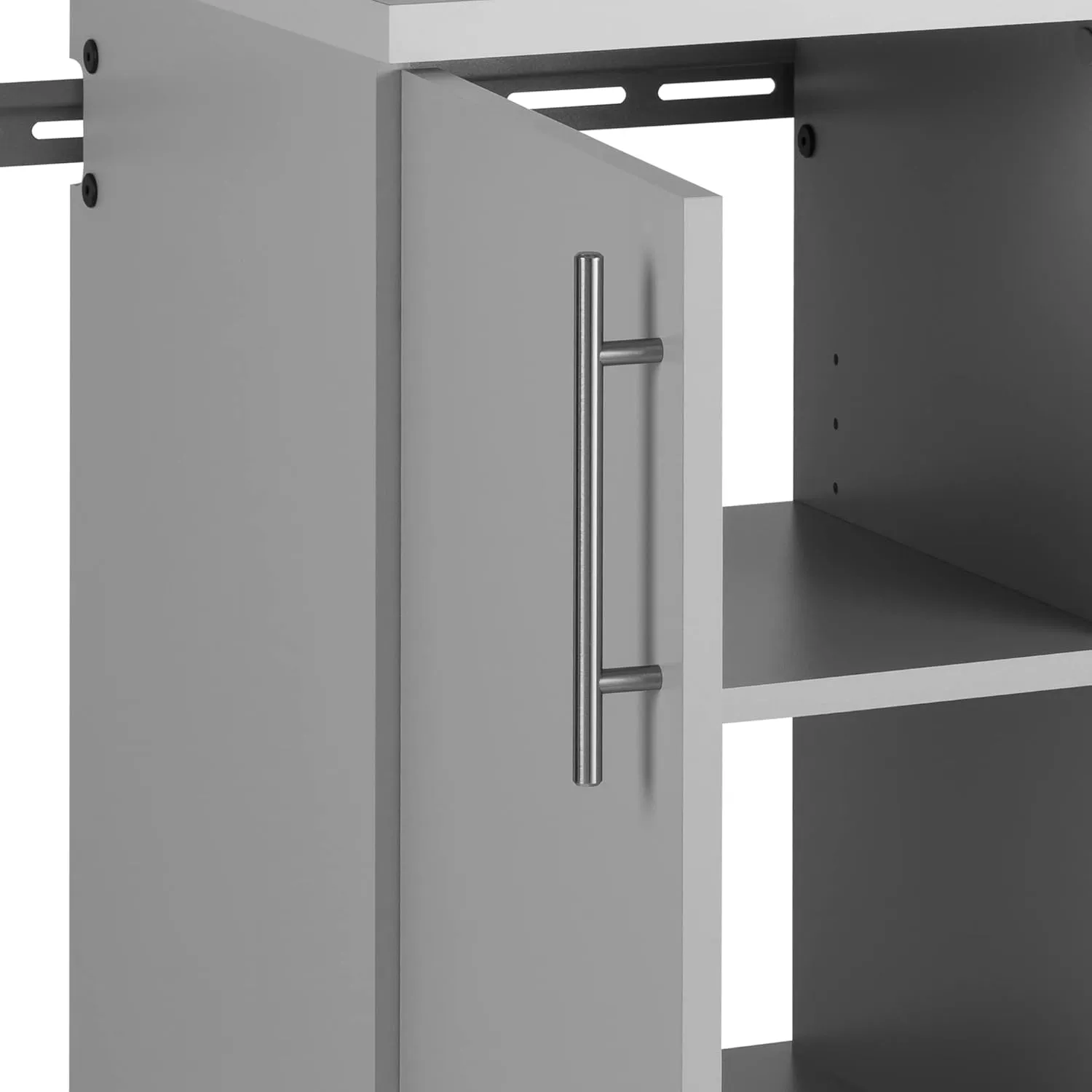 Prepac HangUps 120" Wide 6-piece Wall Mounted Garage Cabinets, Wood Wall Storage Cabinets with 8 Adjustable Shelves, 2 Fixed Shelves, 6 Drawers, Garage Organizers with Metal Hanging Rail, Light Gray