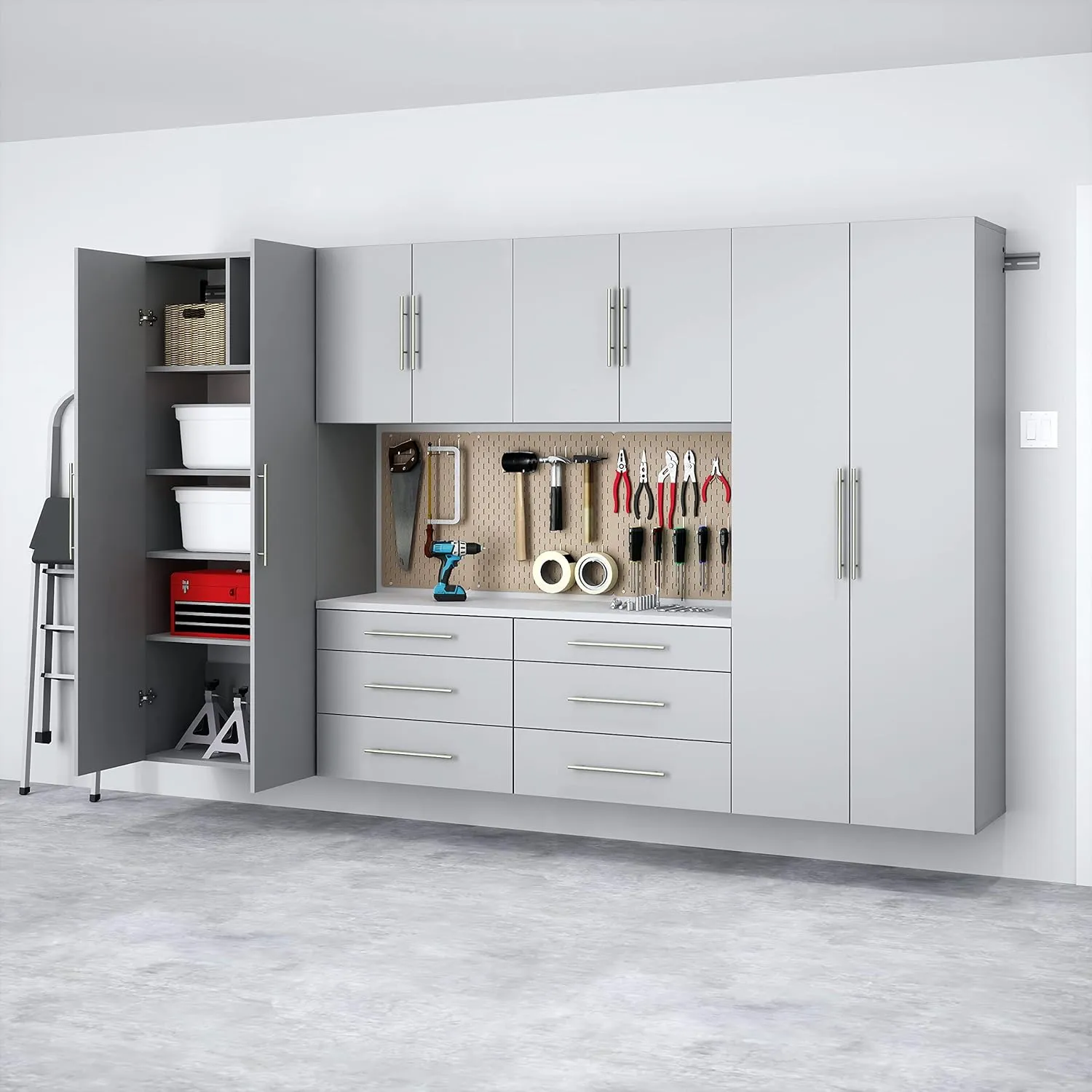 Prepac HangUps 120" Wide 6-piece Wall Mounted Garage Cabinets, Wood Wall Storage Cabinets with 8 Adjustable Shelves, 2 Fixed Shelves, 6 Drawers, Garage Organizers with Metal Hanging Rail, Light Gray