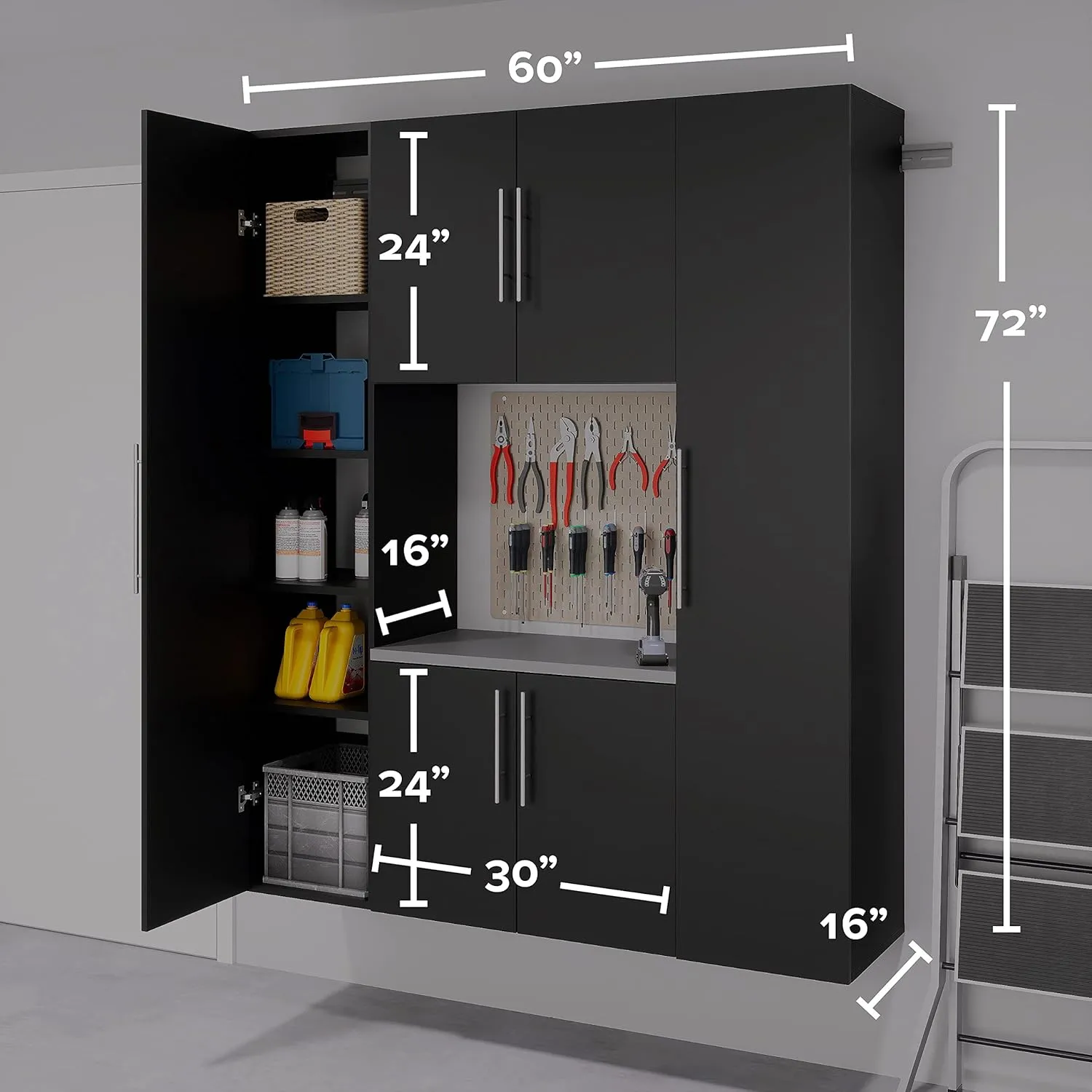 Prepac HangUps Work Storage Garage Cabinet, Laundry Cabinet, Wall Cabinet, Ideal for Garage Tools and Laundry Organization, Set Q, 4-Piece 60" W x 72" H x 16" D, Black