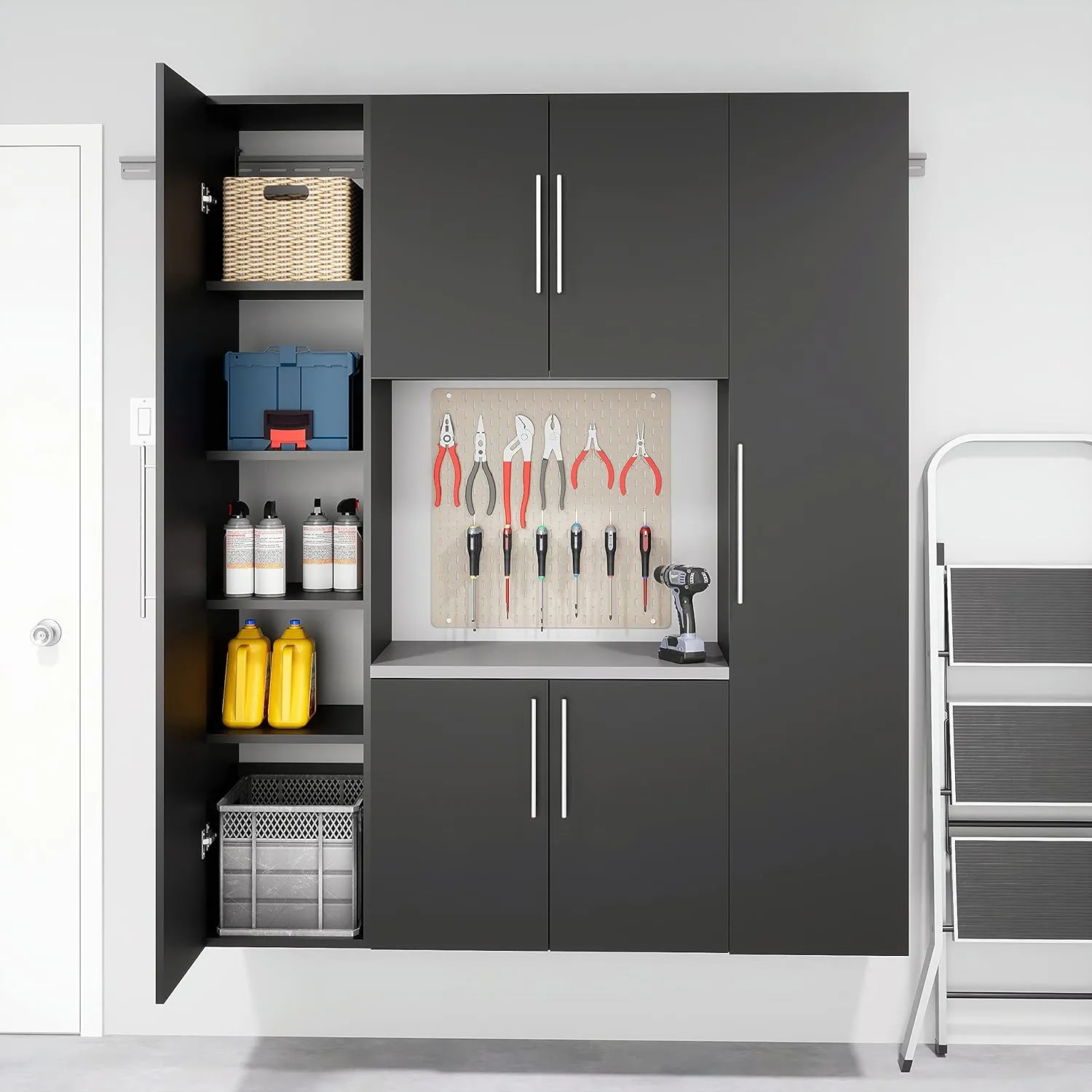 Prepac HangUps Work Storage Garage Cabinet, Laundry Cabinet, Wall Cabinet, Ideal for Garage Tools and Laundry Organization, Set Q, 4-Piece 60" W x 72" H x 16" D, Black
