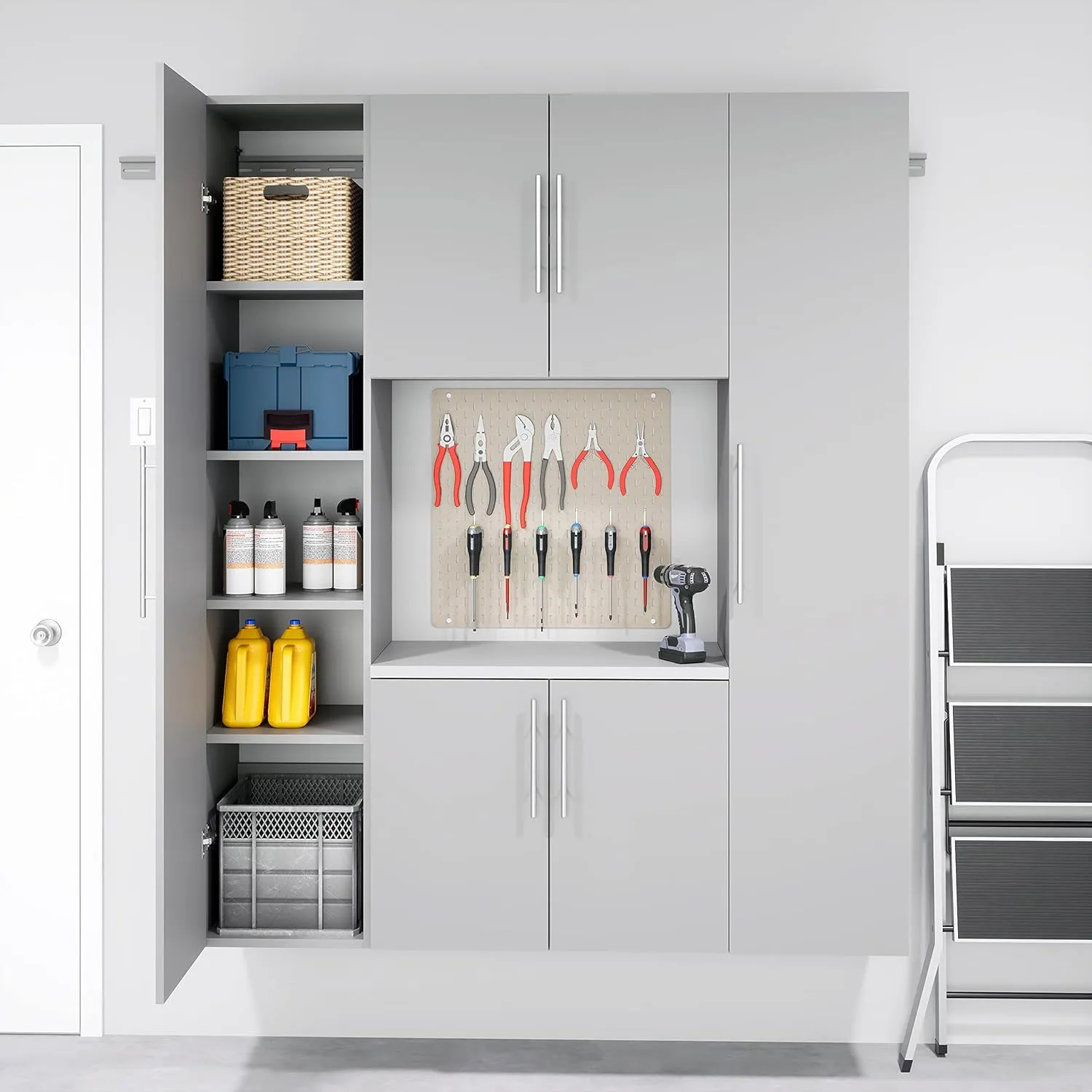 Prepac HangUps Work Storage Garage Cabinet, Laundry Cabinet, Wall Cabinet, Ideal for Garage Tools and Laundry Organization, Set Q, 4-Piece 60" W x 72" H x 16" D, Light Gray
