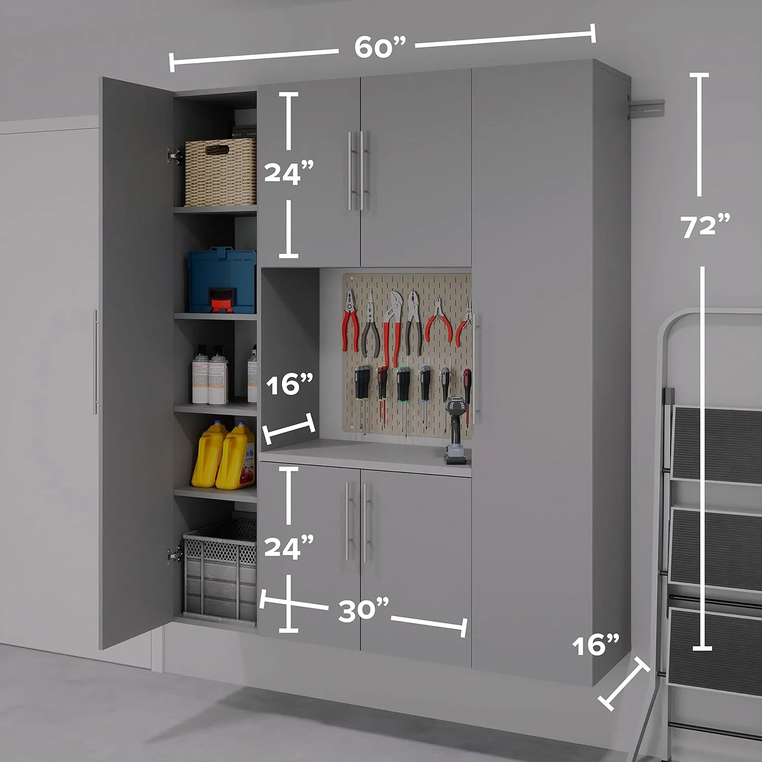 Prepac HangUps Work Storage Garage Cabinet, Laundry Cabinet, Wall Cabinet, Ideal for Garage Tools and Laundry Organization, Set Q, 4-Piece 60" W x 72" H x 16" D, Light Gray