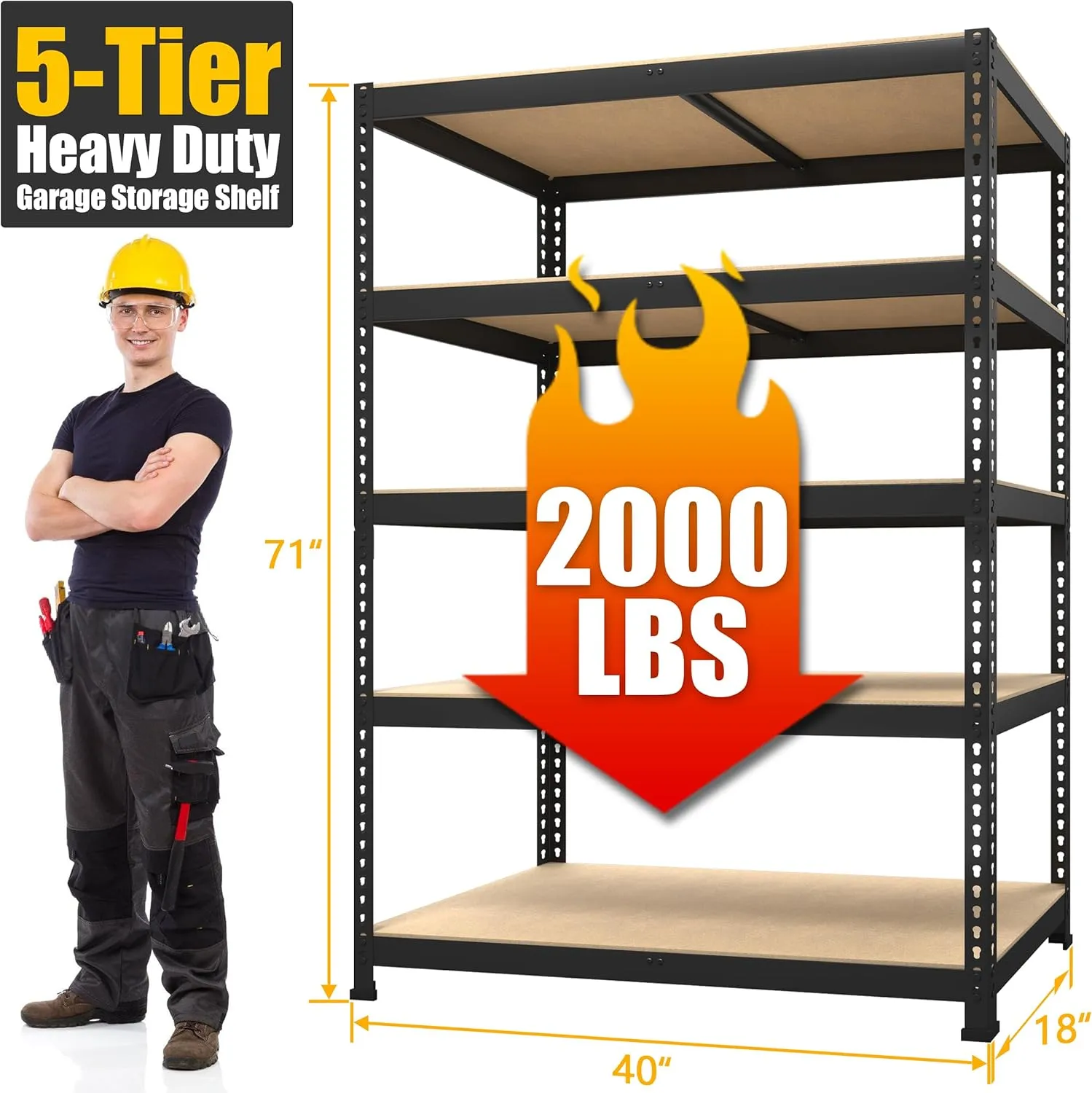 PrimeZone 40" W x 18" D x 71" H Heavy Duty Storage Shelves, 5 Tier Adjustable Garage Storage Shelving, Metal Shelving Unit Utility Rack Shelf for Warehouse Pantry Closet Kitchen, Black, 2 Pack