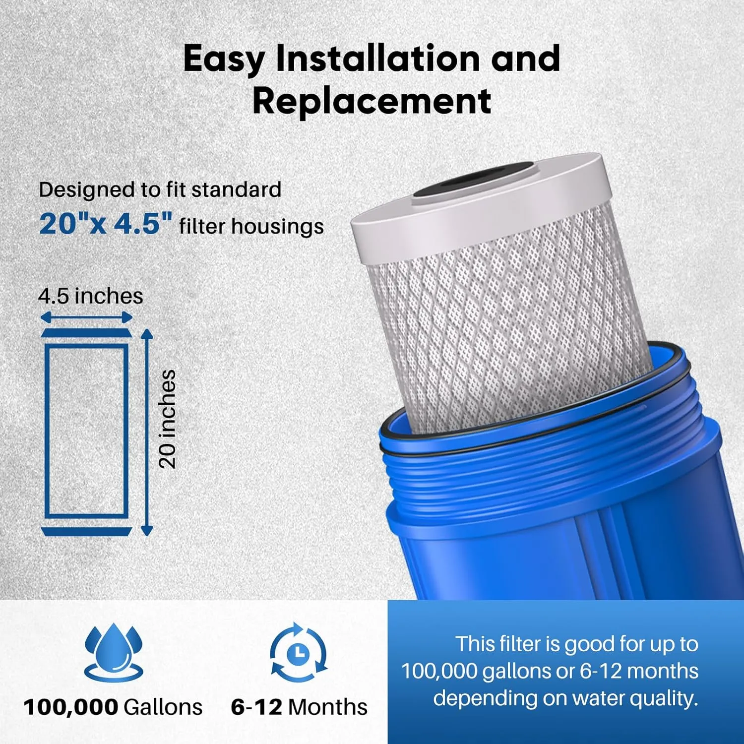PUREPLUS 5 Micron 20" x 4.5" Whole House Coconut Shell Activated Carbon Water Filter Replacement Cartridge, Compatible with FC25B, EPM-20BB, CB-BB-20, 155783-43, 1 Pack