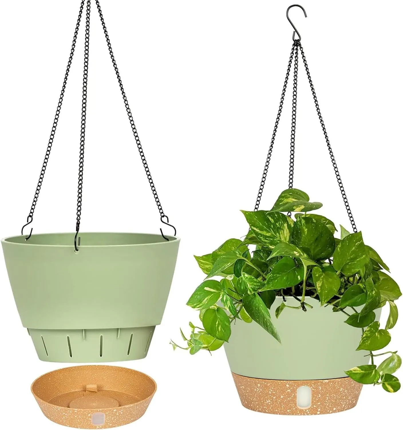 QCQHDU 10 inch Hanging Planters for Indoor Plants, 2 Pack Self Watering Pots with Drainage Holes & Removable Tray, Outdoor Hanging Baskets