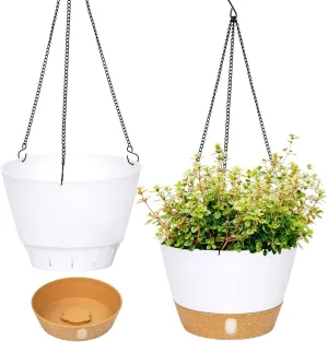 QCQHDU 10 inch Hanging Planters for Indoor Plants, 2 Pack Self Watering Pots with Drainage Holes & Removable Tray, Outdoor Hanging Baskets