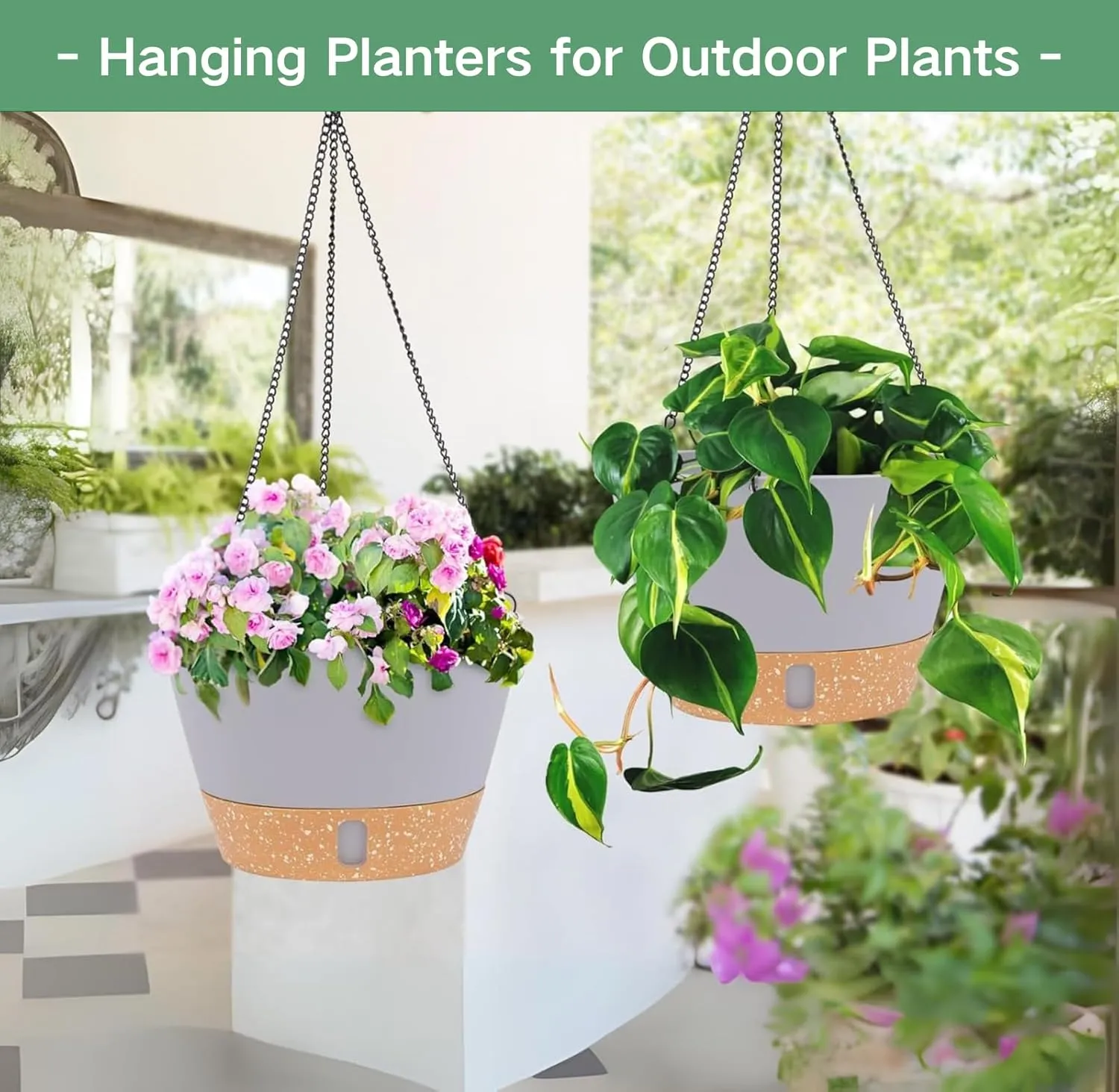 QCQHDU 10 inch Hanging Planters for Indoor Plants, 2 Pack Self Watering Pots with Drainage Holes & Removable Tray, Outdoor Hanging Baskets