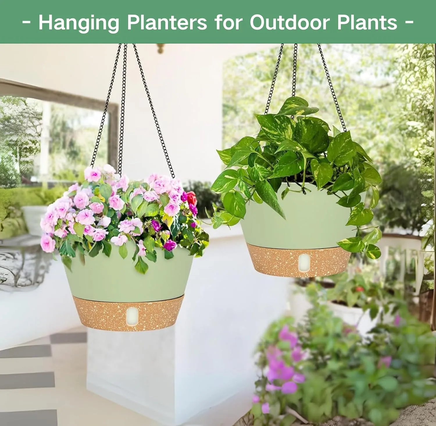 QCQHDU 10 inch Hanging Planters for Indoor Plants, 2 Pack Self Watering Pots with Drainage Holes & Removable Tray, Outdoor Hanging Baskets