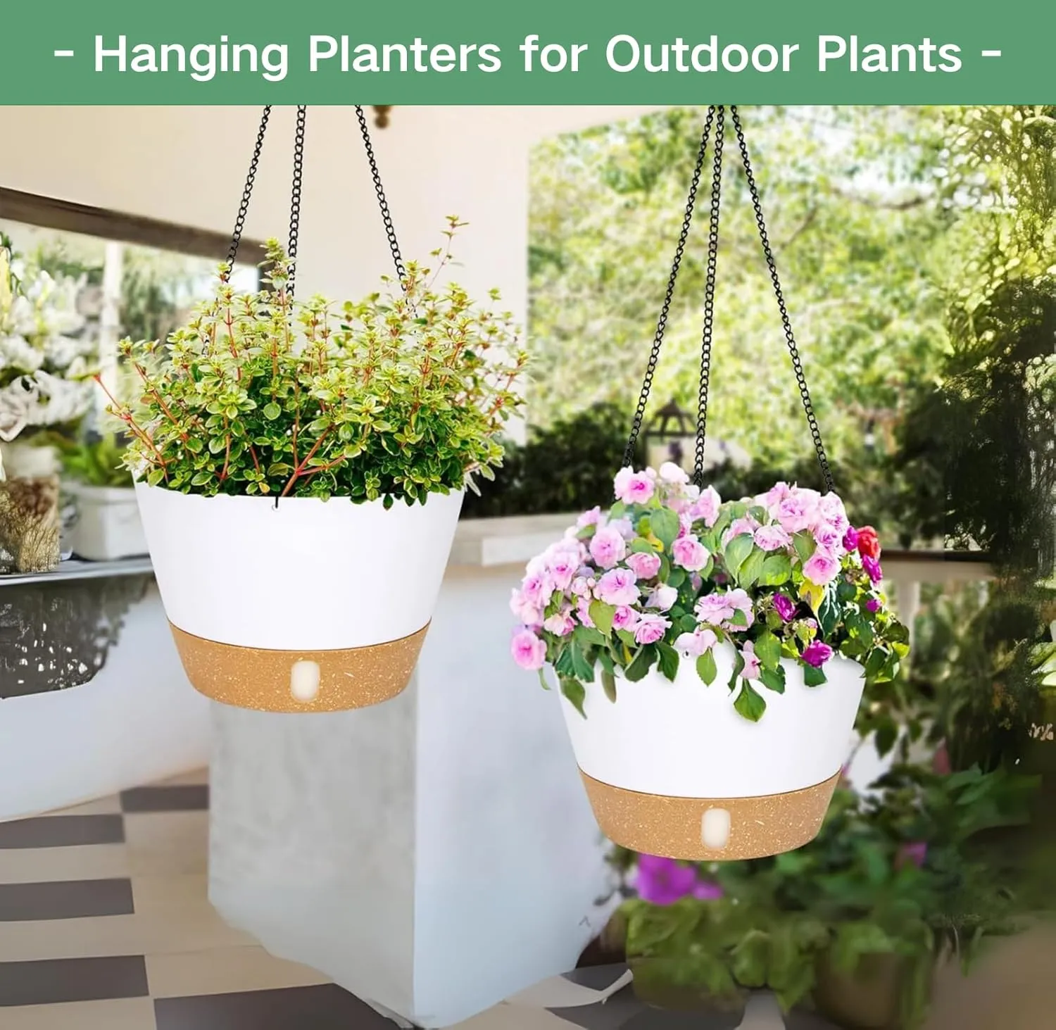 QCQHDU 10 inch Hanging Planters for Indoor Plants, 2 Pack Self Watering Pots with Drainage Holes & Removable Tray, Outdoor Hanging Baskets