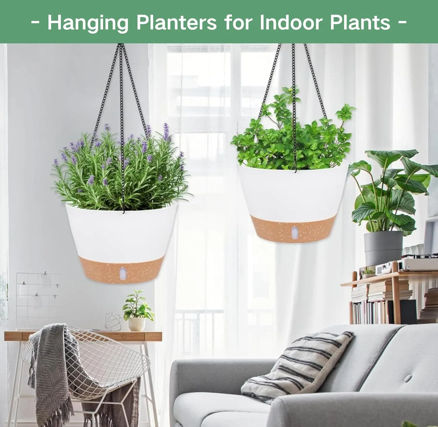 QCQHDU 10 inch Hanging Planters for Indoor Plants, 2 Pack Self Watering Pots with Drainage Holes & Removable Tray, Outdoor Hanging Baskets