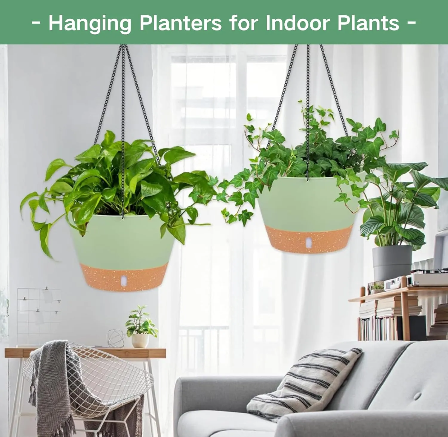 QCQHDU 10 inch Hanging Planters for Indoor Plants, 2 Pack Self Watering Pots with Drainage Holes & Removable Tray, Outdoor Hanging Baskets