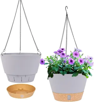 QCQHDU 10 inch Hanging Planters for Indoor Plants, 2 Pack Self Watering Pots with Drainage Holes & Removable Tray, Outdoor Hanging Baskets