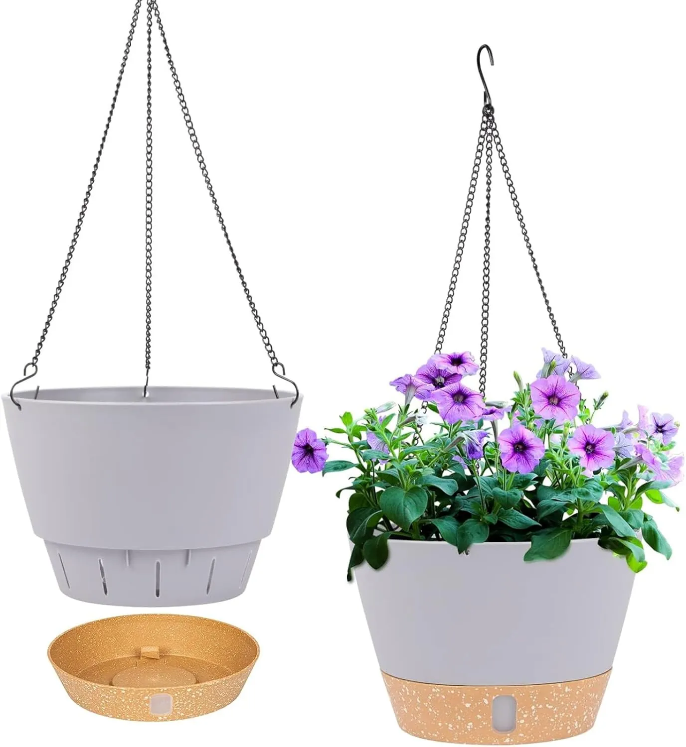 QCQHDU 10 inch Hanging Planters for Indoor Plants, 2 Pack Self Watering Pots with Drainage Holes & Removable Tray, Outdoor Hanging Baskets
