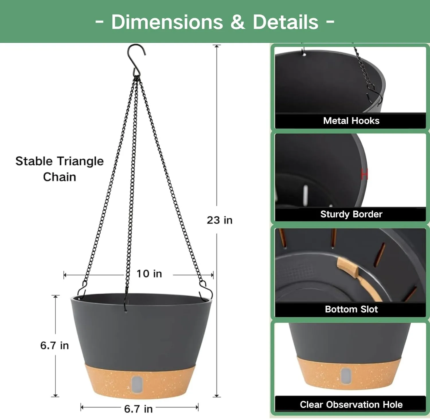 QCQHDU 10 inch Hanging Planters for Indoor Plants, 2 Pack Self Watering Pots with Drainage Holes & Removable Tray, Outdoor Hanging Baskets