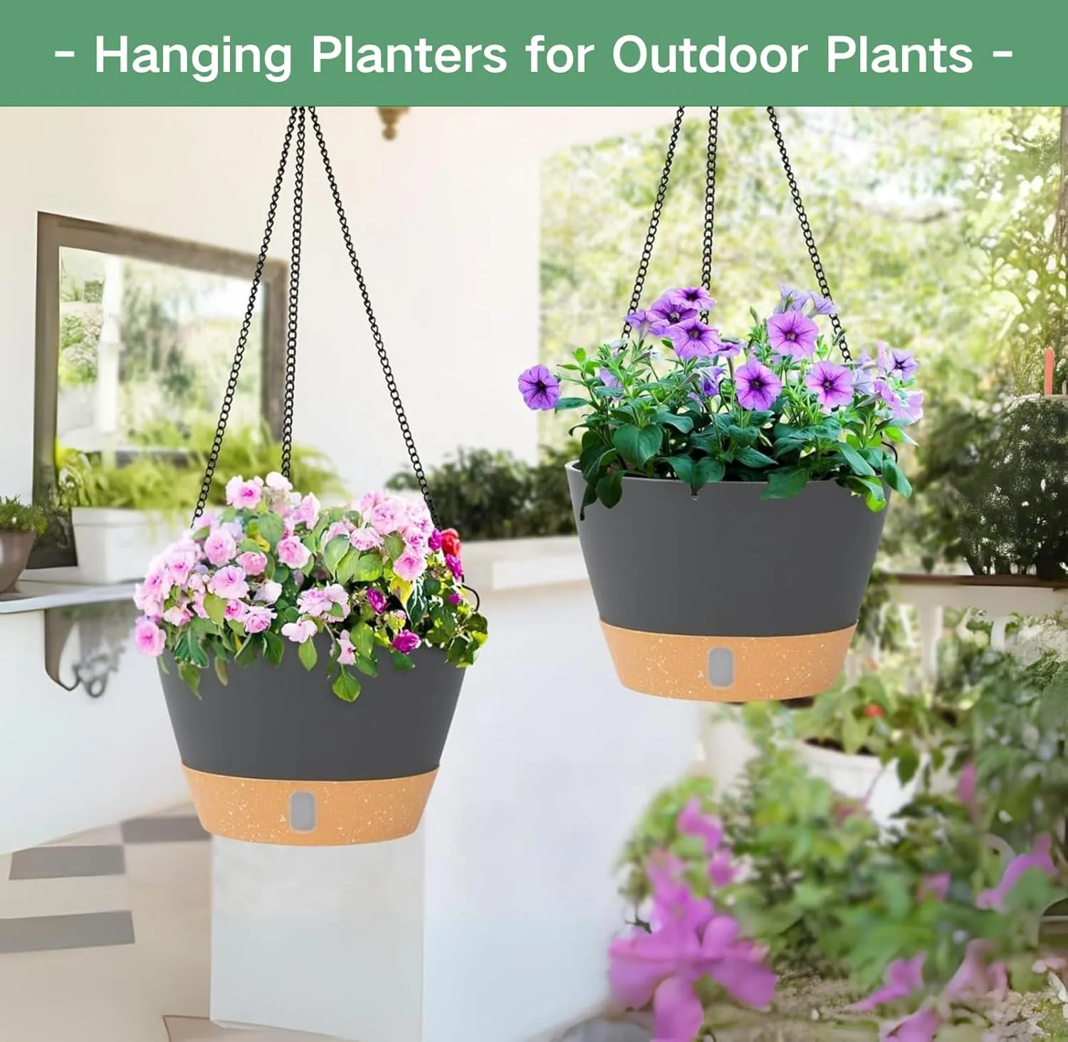 QCQHDU 10 inch Hanging Planters for Indoor Plants, 2 Pack Self Watering Pots with Drainage Holes & Removable Tray, Outdoor Hanging Baskets