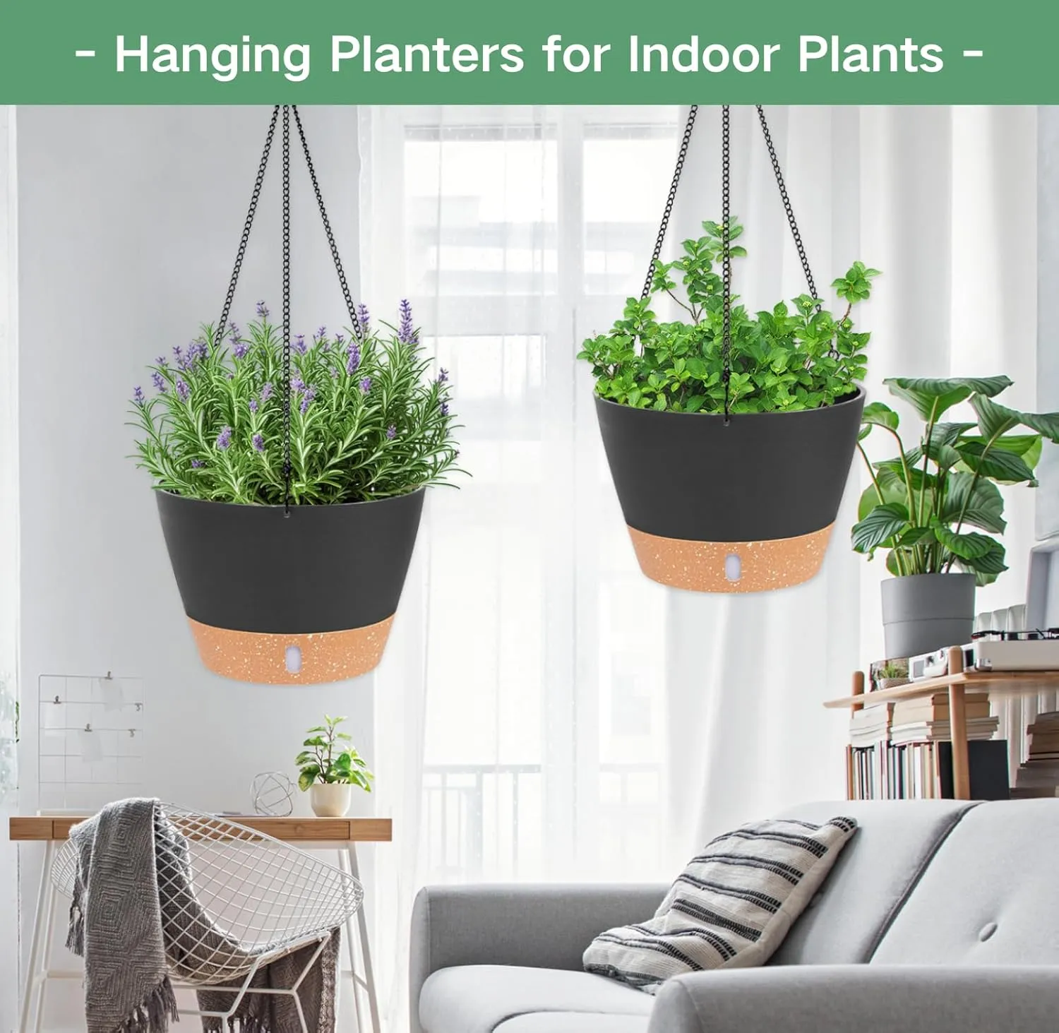 QCQHDU 10 inch Hanging Planters for Indoor Plants, 2 Pack Self Watering Pots with Drainage Holes & Removable Tray, Outdoor Hanging Baskets