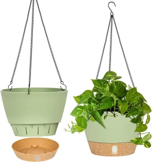 QCQHDU 10 inch Hanging Planters for Indoor Plants, 2 Pack Self Watering Pots with Drainage Holes & Removable Tray, Outdoor Hanging Baskets