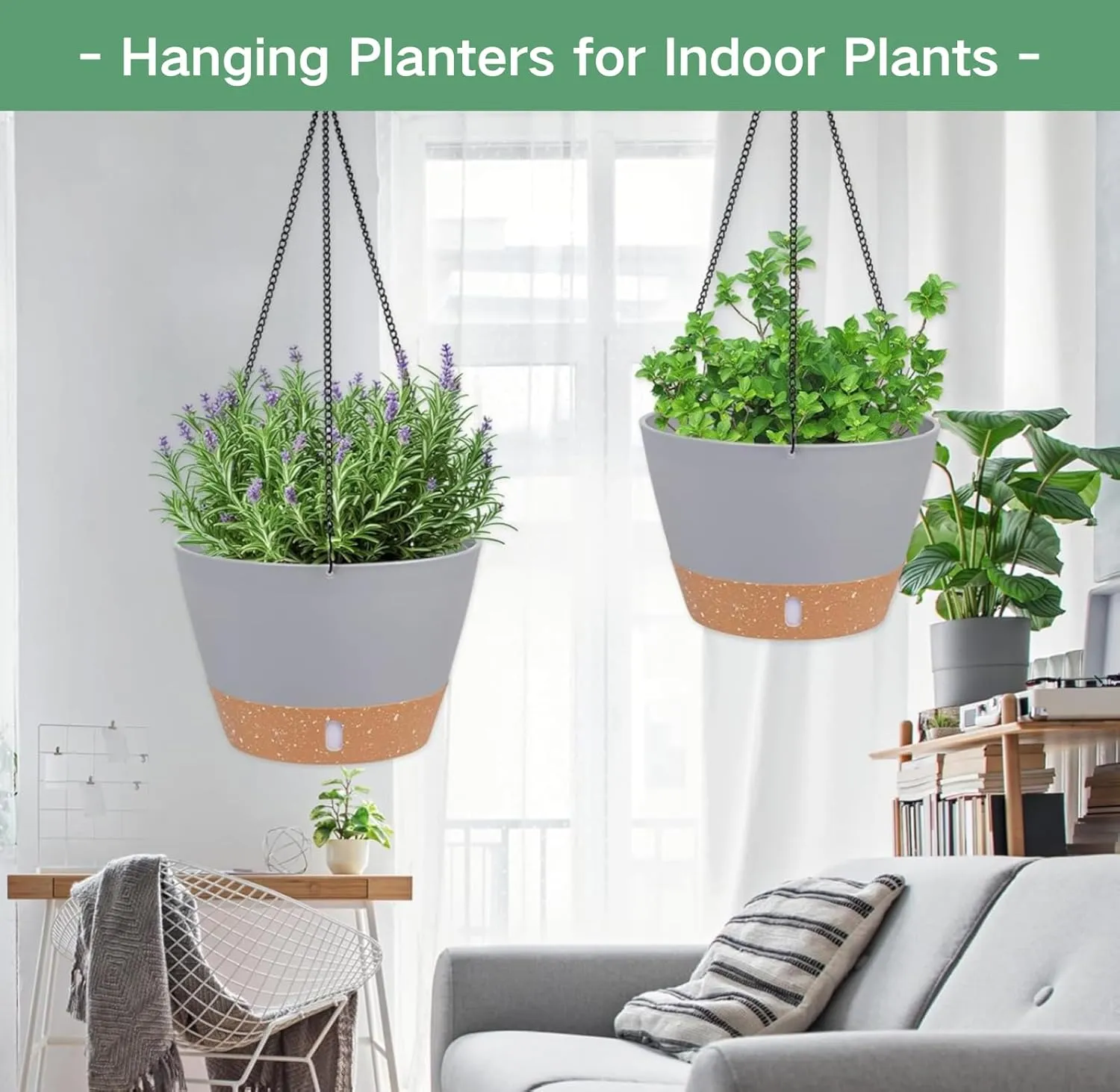 QCQHDU 10 inch Hanging Planters for Indoor Plants, 2 Pack Self Watering Pots with Drainage Holes & Removable Tray, Outdoor Hanging Baskets