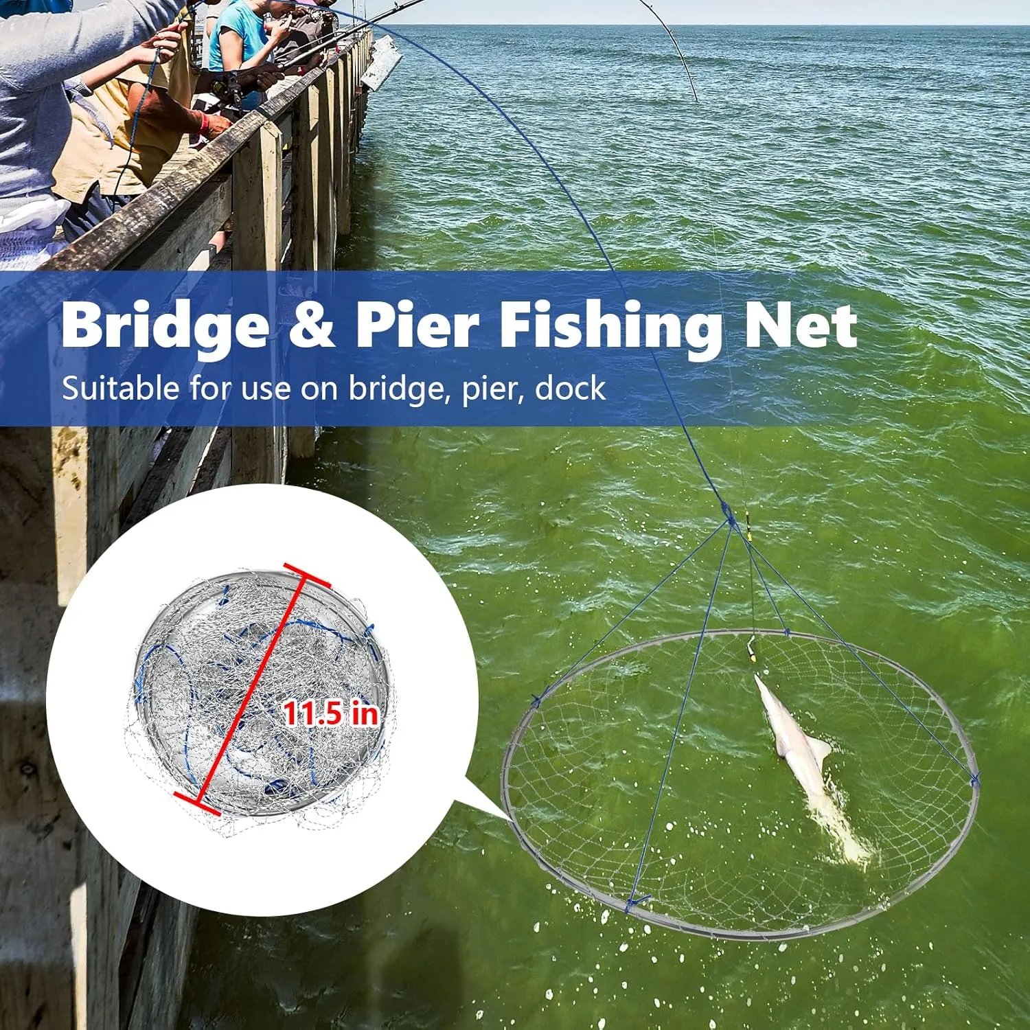 QualyQualy Bridge and Pier Fishing Net with Foldable Drop Net, Steel Hoop and Nylon Mesh