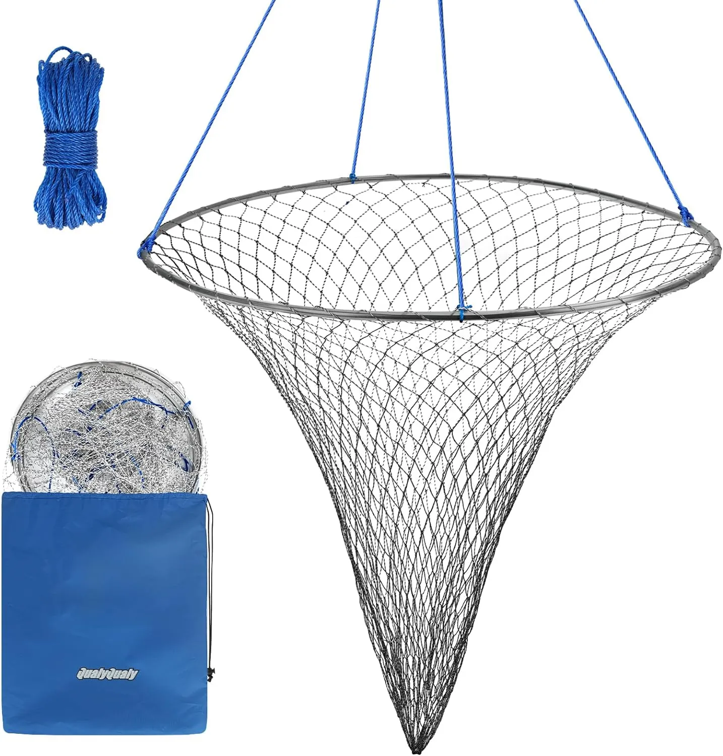 QualyQualy Bridge and Pier Fishing Net with Foldable Drop Net, Steel Hoop and Nylon Mesh