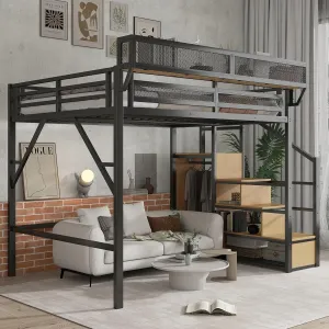 Queen Loft Bed with Stairs, Metal Loft Beds Queen Size with Storage Shelves, Adults Loft Bed with Wardrobe, Heavy Duty High Loft Bed for Teens, No Box Spring Needed, No Noise, Black