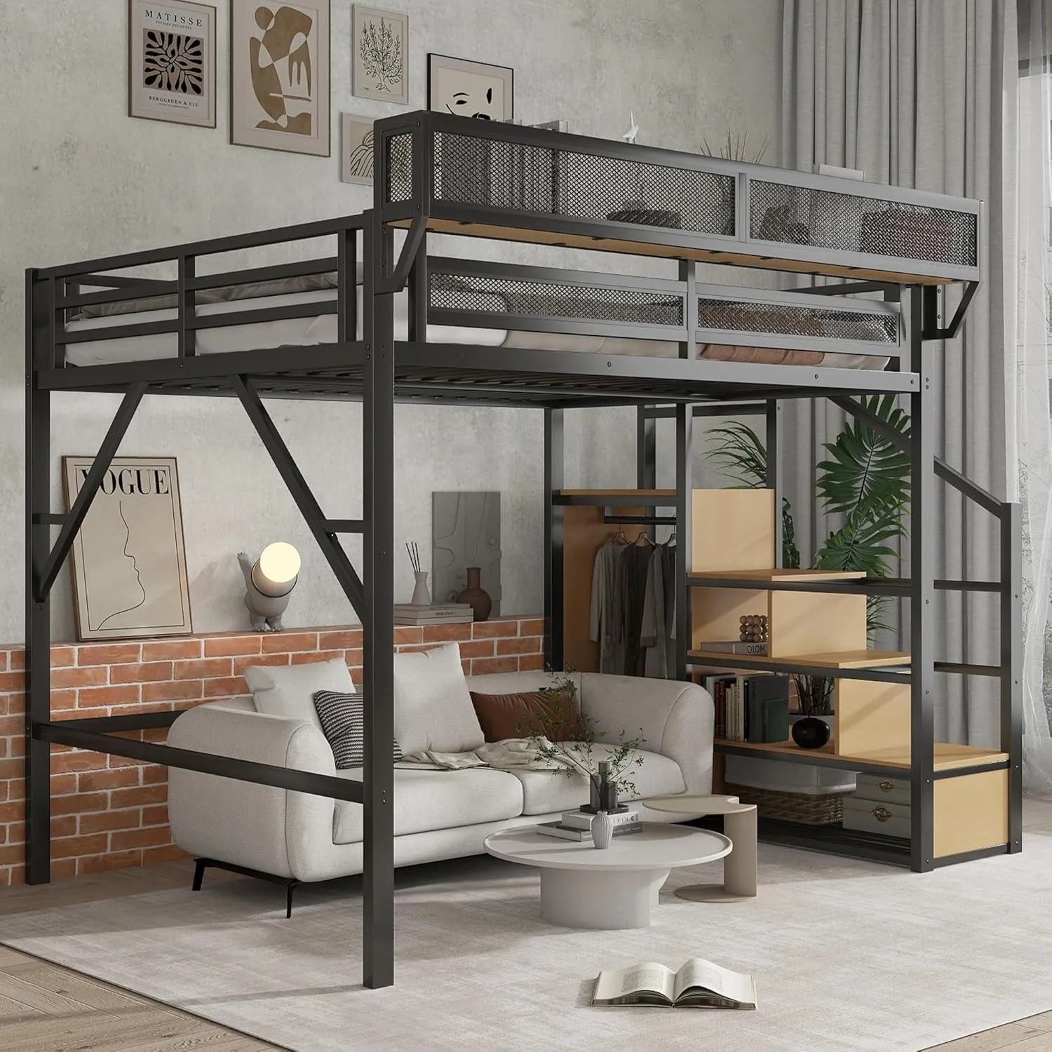Queen Loft Bed with Stairs, Metal Loft Beds Queen Size with Storage Shelves, Adults Loft Bed with Wardrobe, Heavy Duty High Loft Bed for Teens, No Box Spring Needed, No Noise, Black