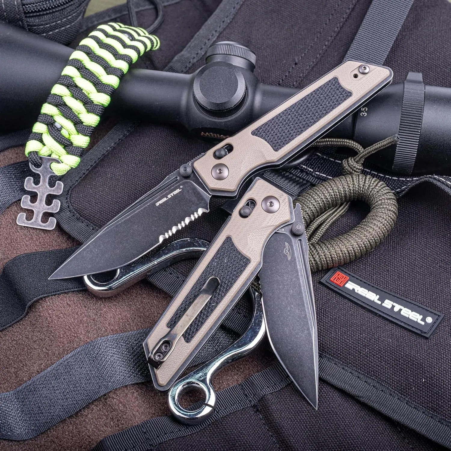 REALSTEEL SACRA Pocket Knife,Folding Knife,Crossbar Lock,3.31"Böhler K110 Steel Blade,Thumb Stud,G10/Micarta Handle,2.58oz,Pocket Clip,EDC Outdoor Indoor,Gifts for Men Women Camping Hiking(Serrated Black/Coyote G10)